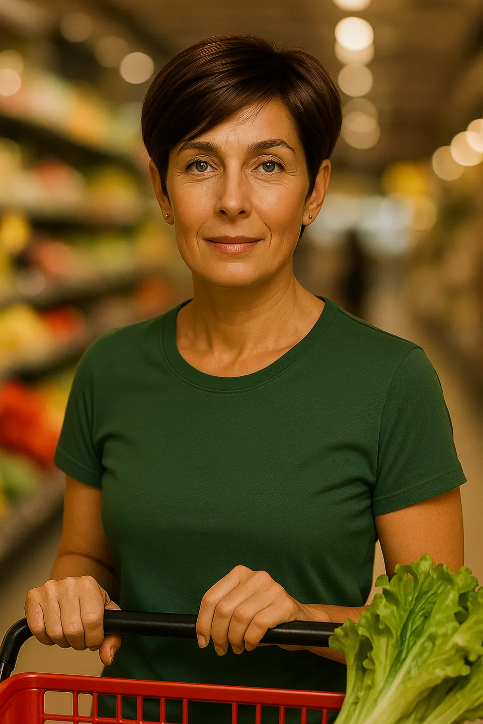 Alê no supermercado com um carrinho de compras e um pé de alface