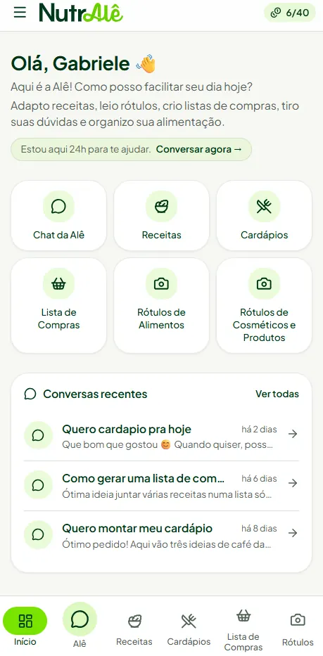 Tela inicial do app NutrAlê com atalhos para Chat da Alê, Receitas, Cardápios, Lista de Compras e Rótulos
